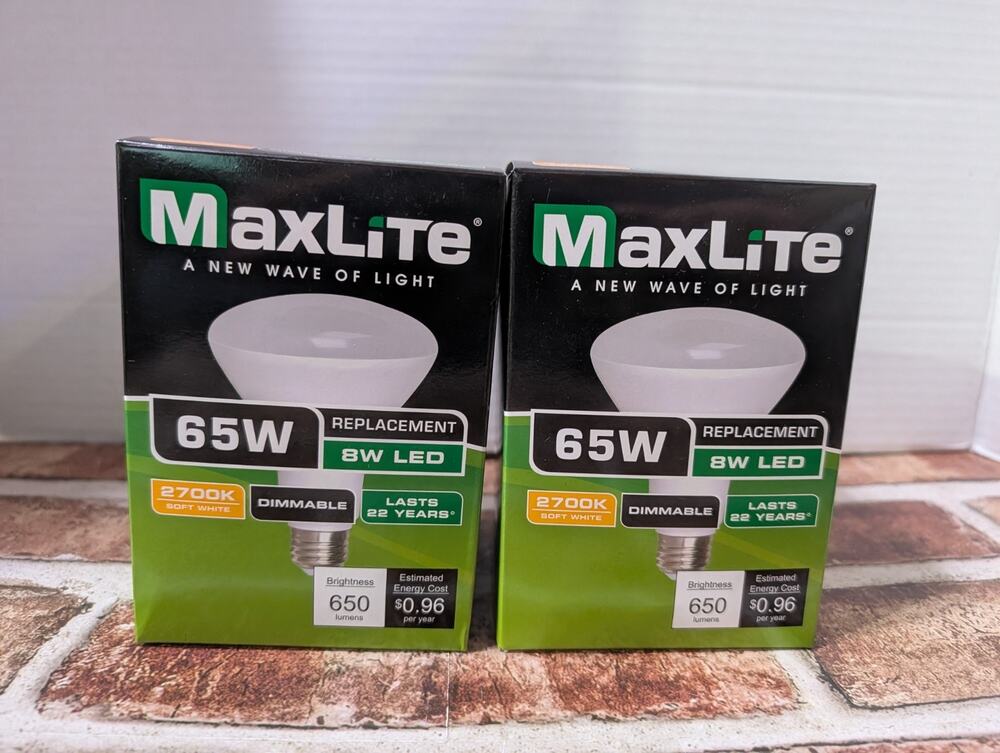 NEW Lot of 2 MaxLite 65W Flood Light Bulbs 8W LED Dimmable 2700K Soft White
